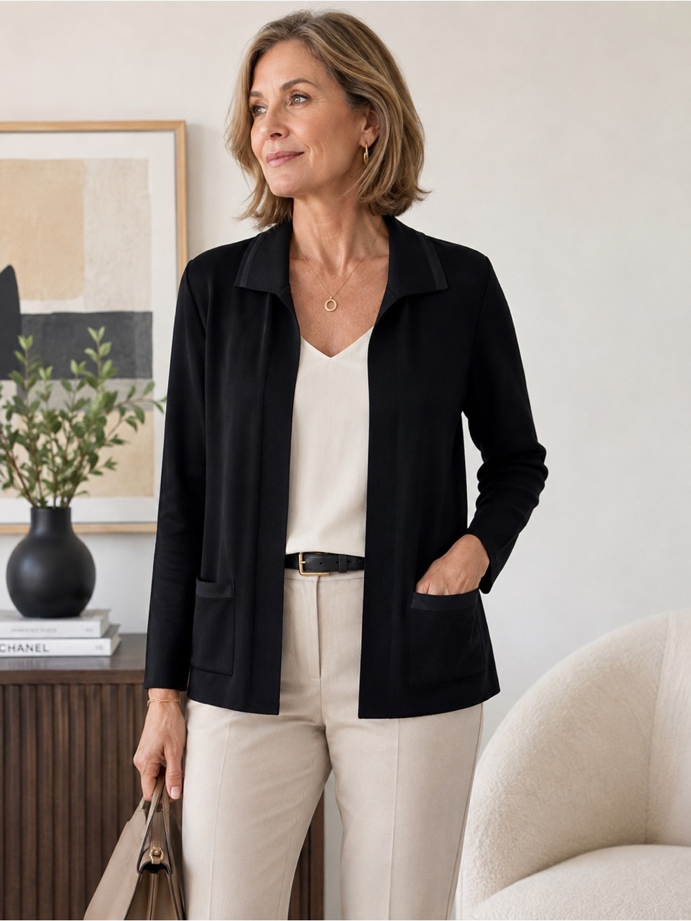 Misook Open Front Knit Cardigan Jacket Pointed Collar Patch Pockets Career